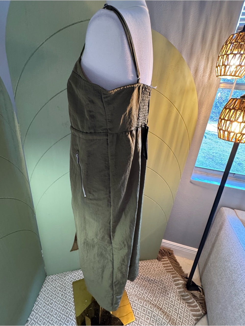 Olive Zip-Front Spaghetti-Strap Midi Dress - Picture 4 of 7